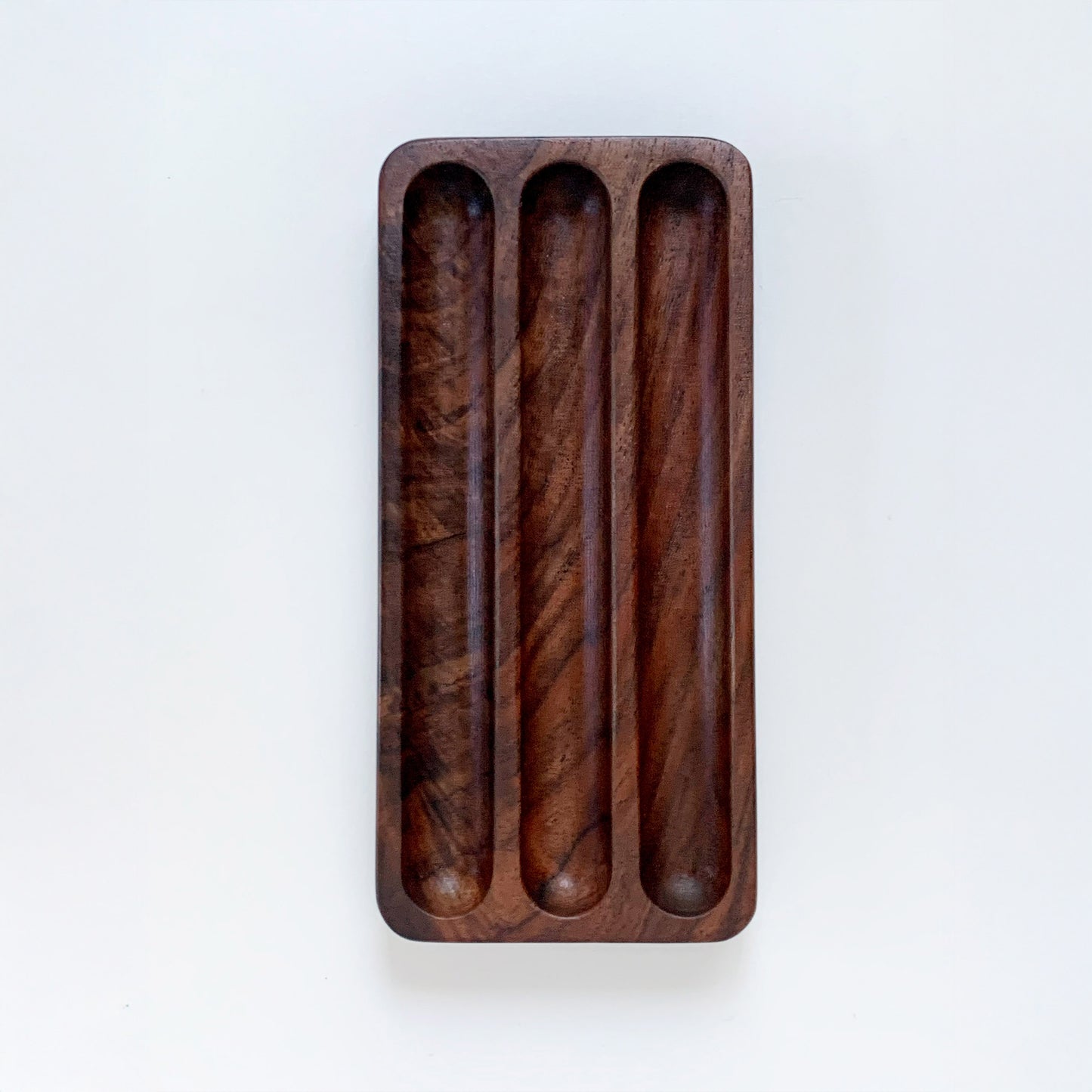 Figured Walnut Wood tray with three compartments on a white background