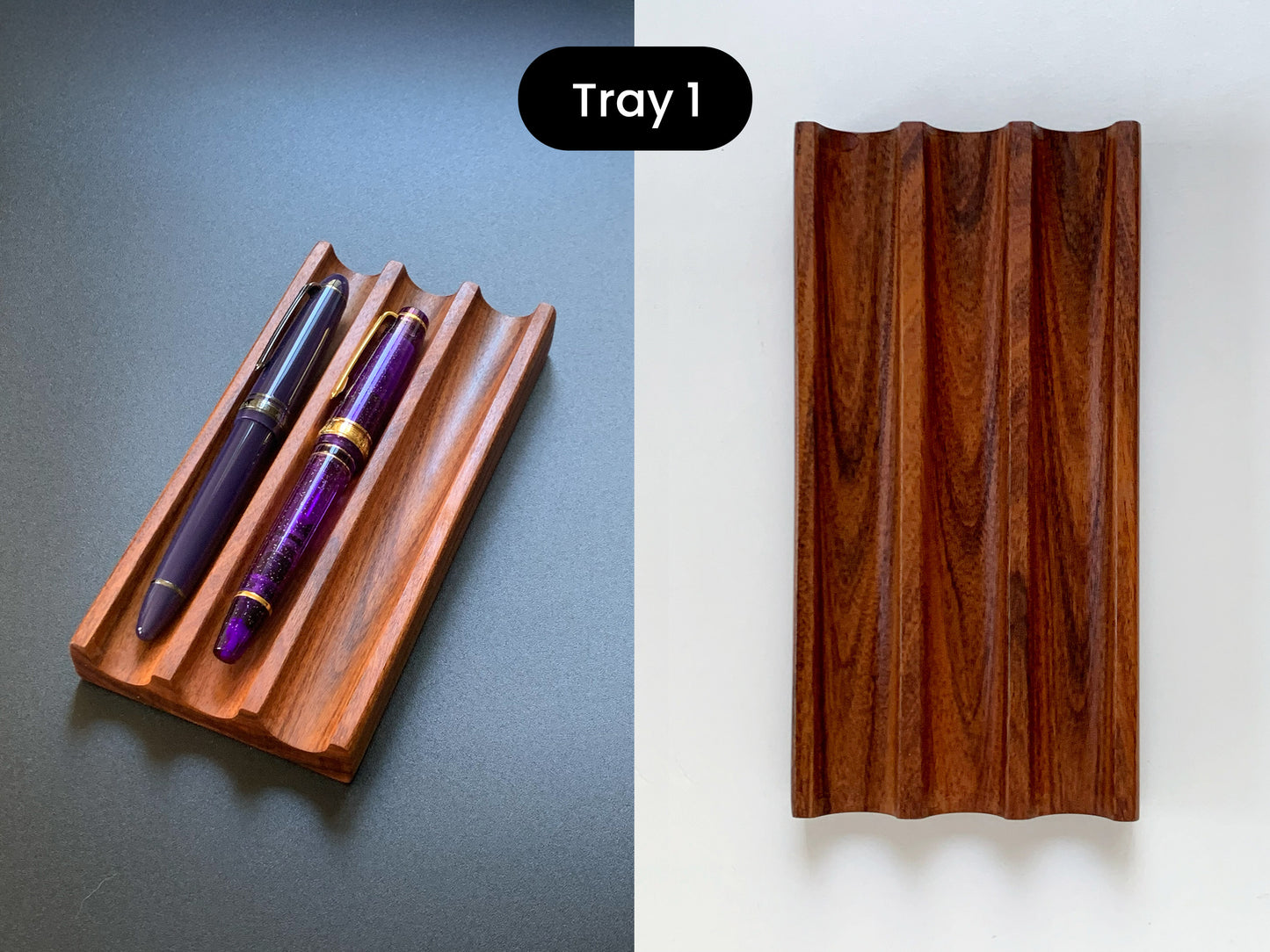 Premium Kaze pen tray crafted from rosewood, featuring three smooth, wave-like grooves - Tray #1