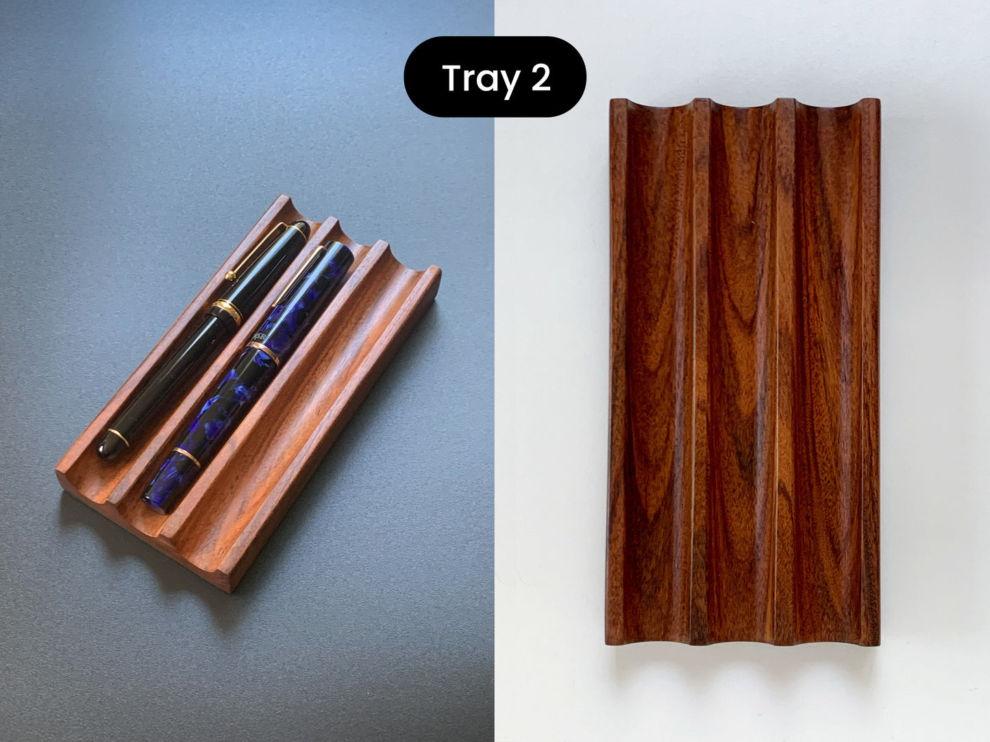 Premium Kaze pen tray crafted from rosewood, featuring three smooth, wave-like grooves - Tray #2