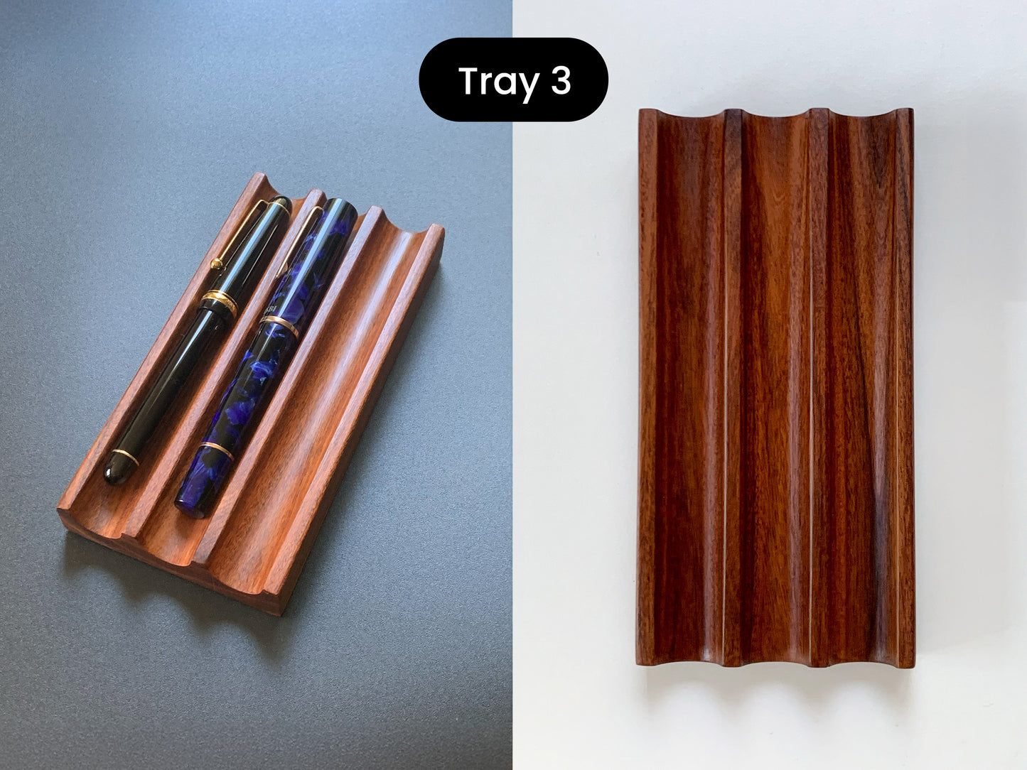 Premium Kaze pen tray crafted from rosewood, featuring three smooth, wave-like grooves - Tray #3