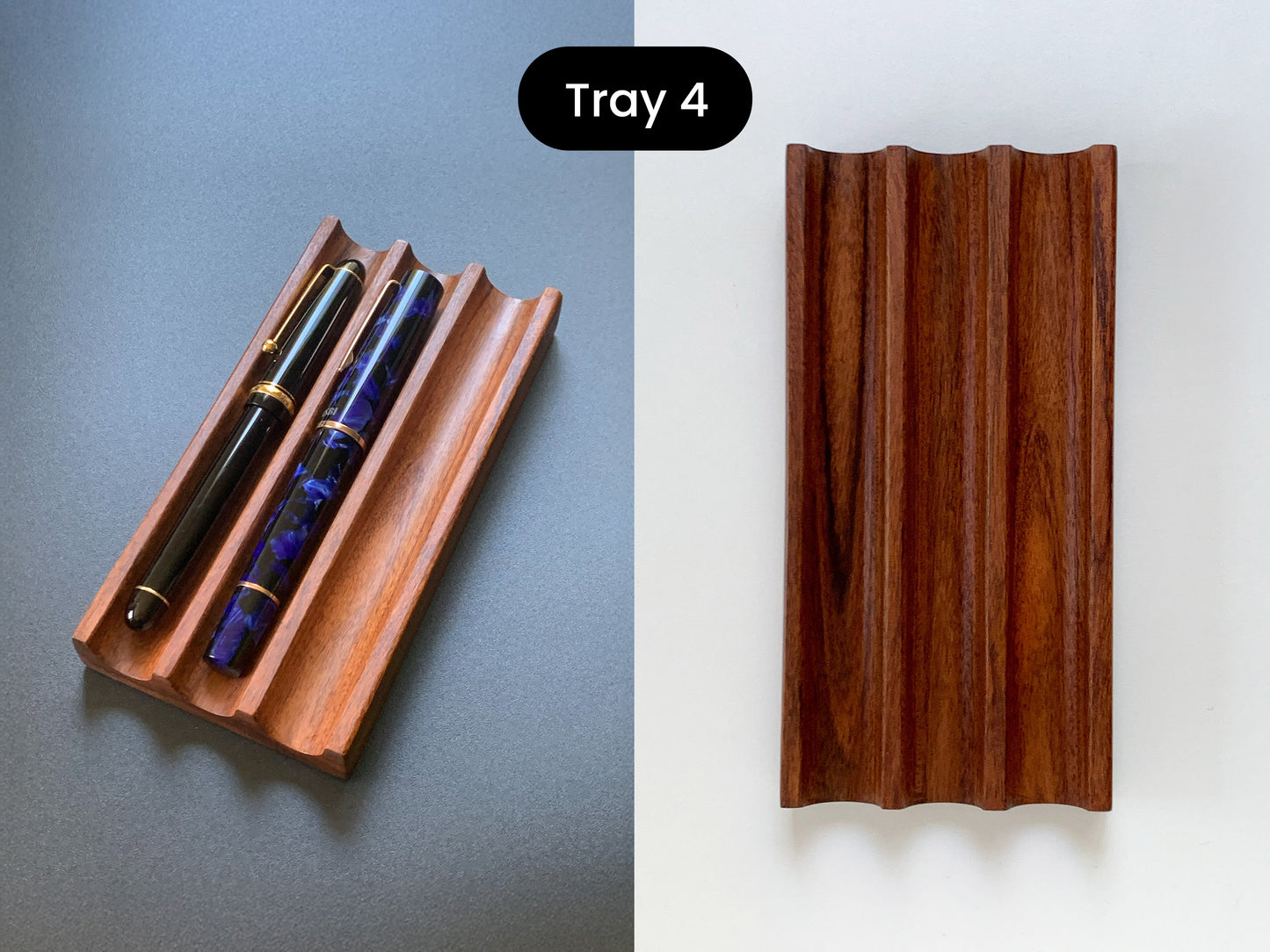Premium Kaze pen tray crafted from rosewood, featuring three smooth, wave-like grooves - Tray #4