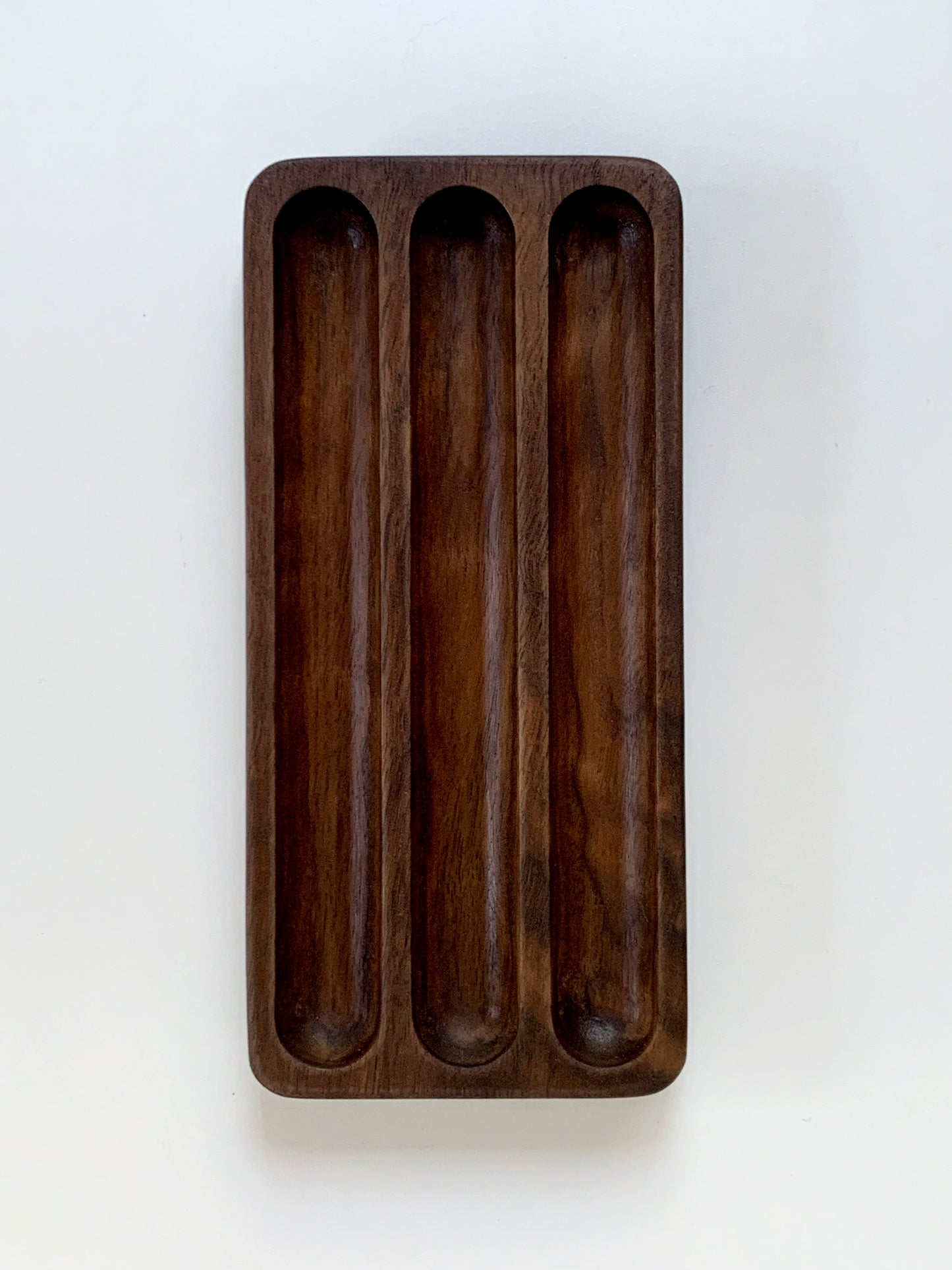 Shizuku walnut wood pen tray with three slots, displayed on a clean white background