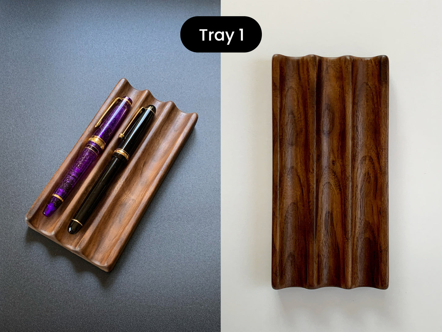 Sleek Kaze walnut pen tray with three smooth slots – Right: shown on a clean white background. Left: Wooden tray with two pens on a gray background. Tray #1