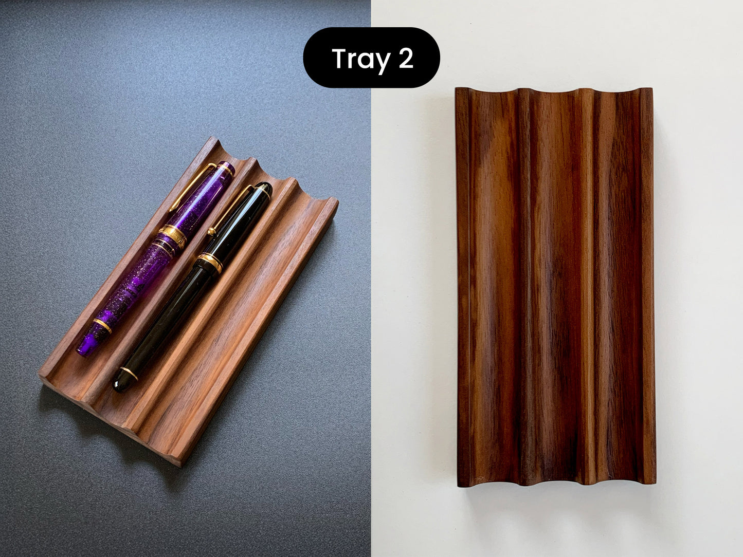 Sleek Kaze walnut pen tray with three smooth slots – Right: shown on a clean white background. Left: Wooden tray with two pens on a gray background. Tray #2