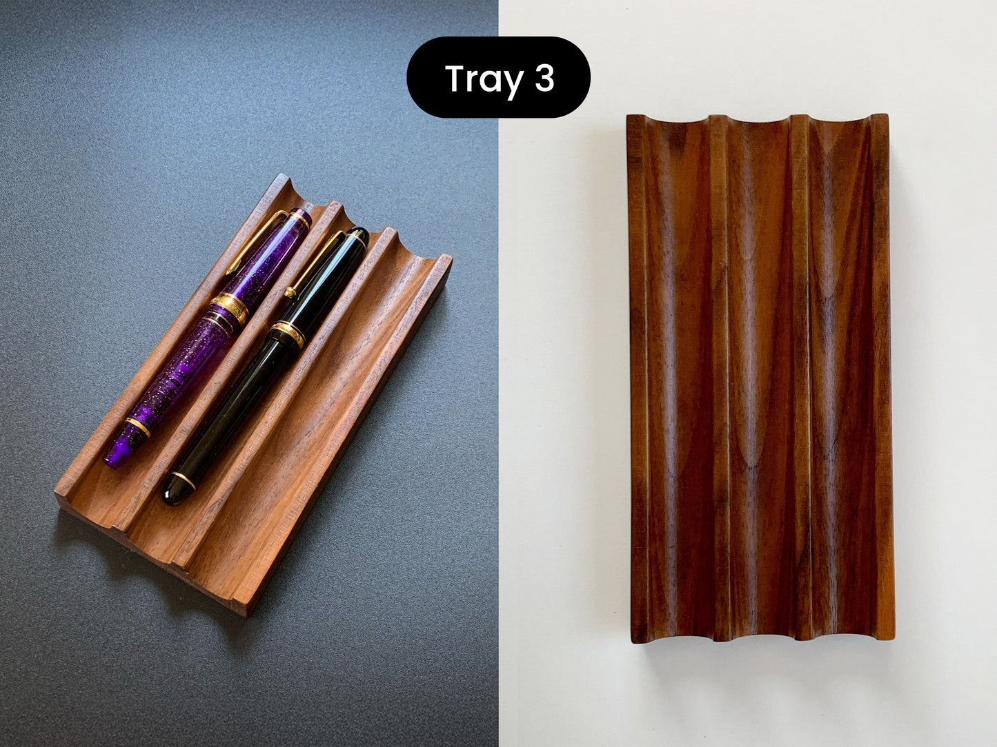 Sleek Kaze walnut pen tray with three smooth slots – Right: shown on a clean white background. Left: Wooden tray with two pens on a gray background. Tray #3