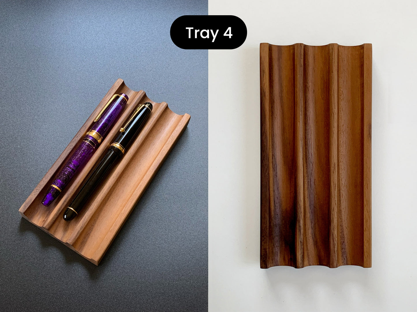 Sleek Kaze walnut pen tray with three smooth slots – Right: shown on a clean white background. Left: Wooden tray with two pens on a gray background. Tray #4