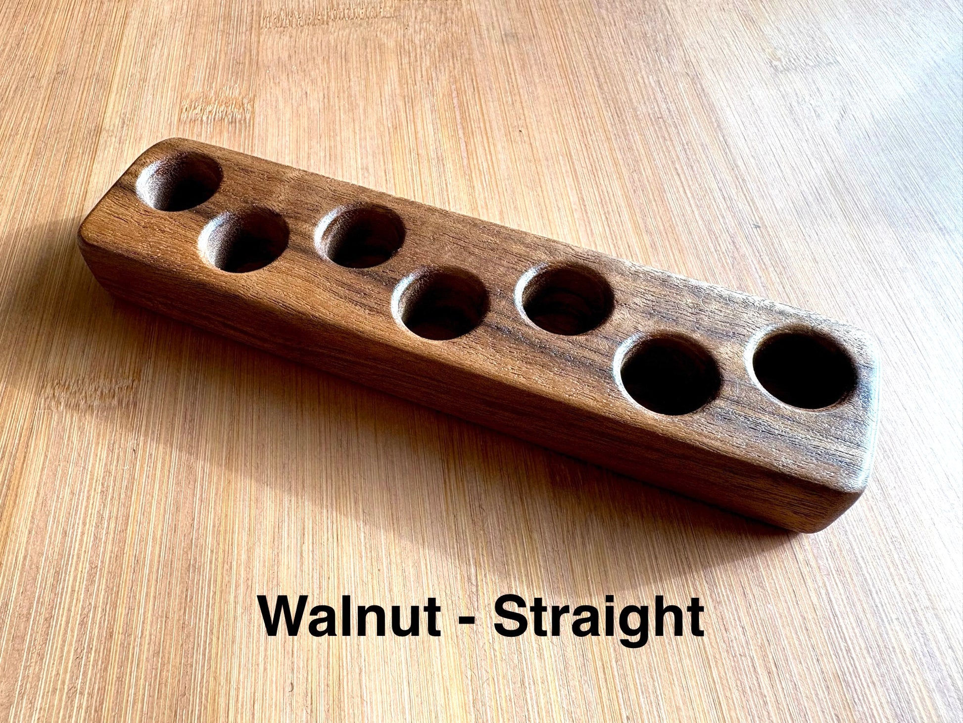 Straight-base walnut ink sample vial holder with deep brown tone and minimalist shape