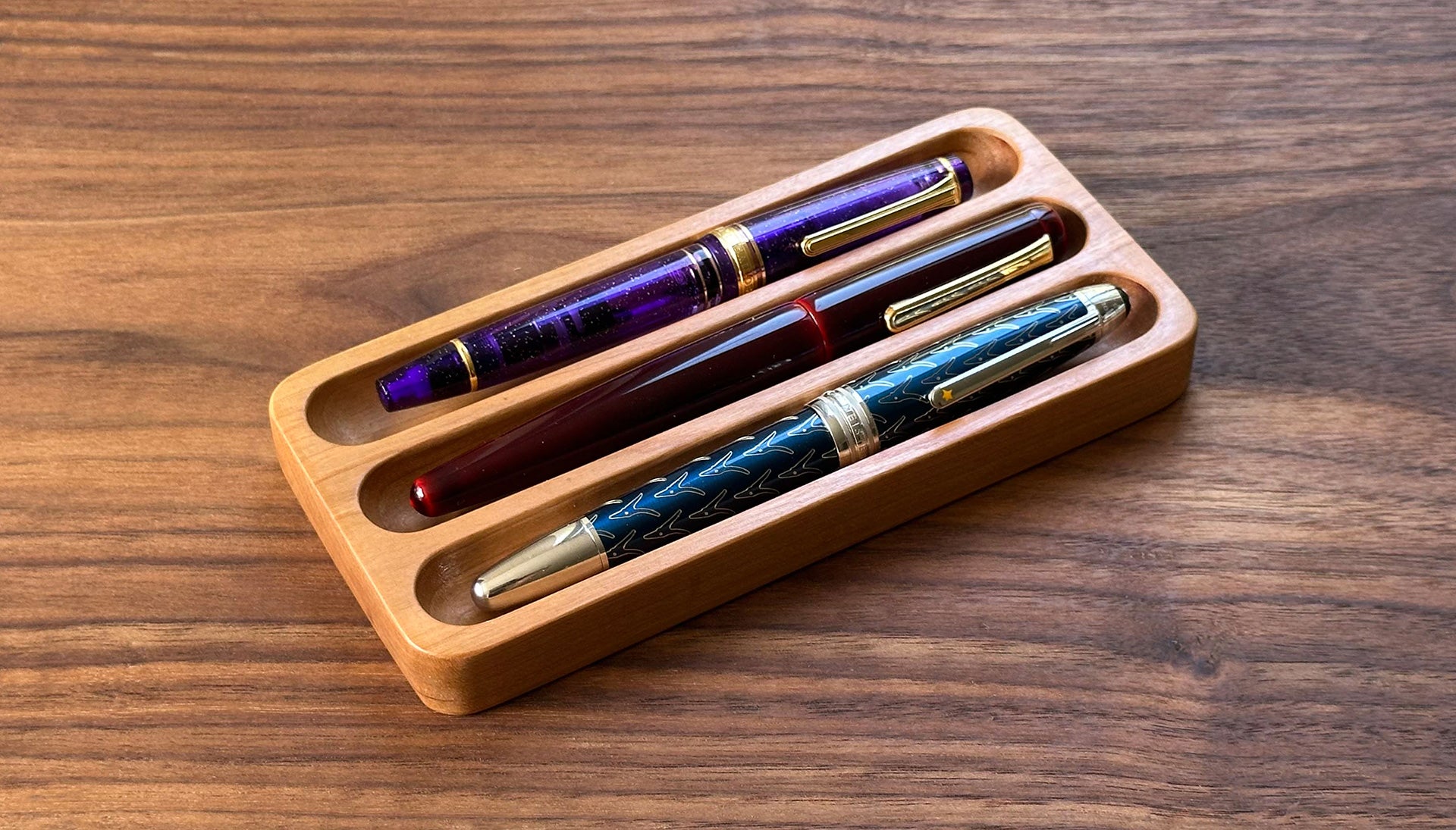 Handmade natural wood pen tray and desk pen accessories by Nagomi Woodworking